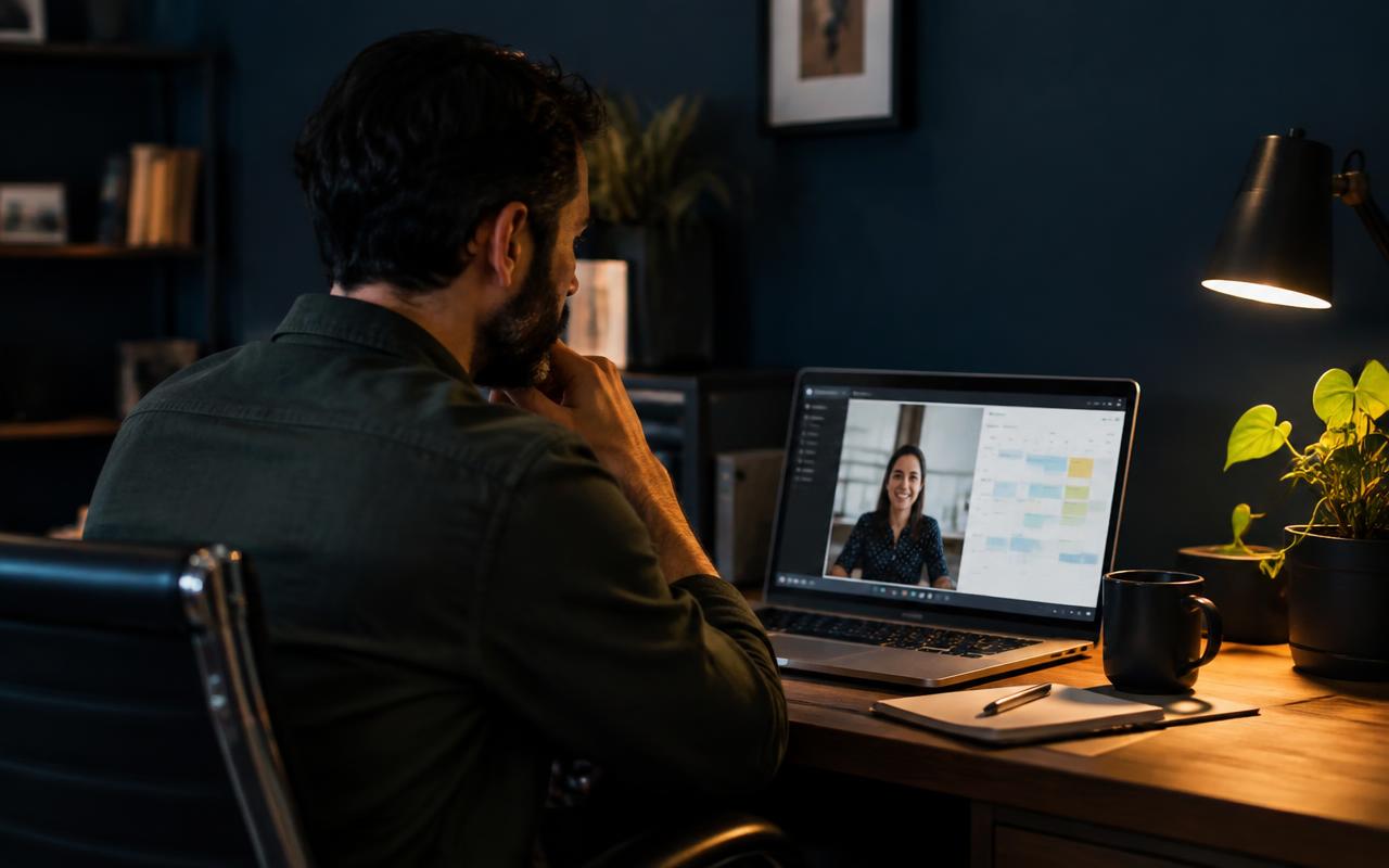 Consultant on a video consultation call with a scheduling calendar open on the laptop