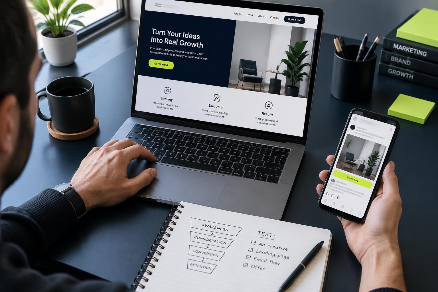 A strategist creating and testing an offer across a landing page and ad campaign